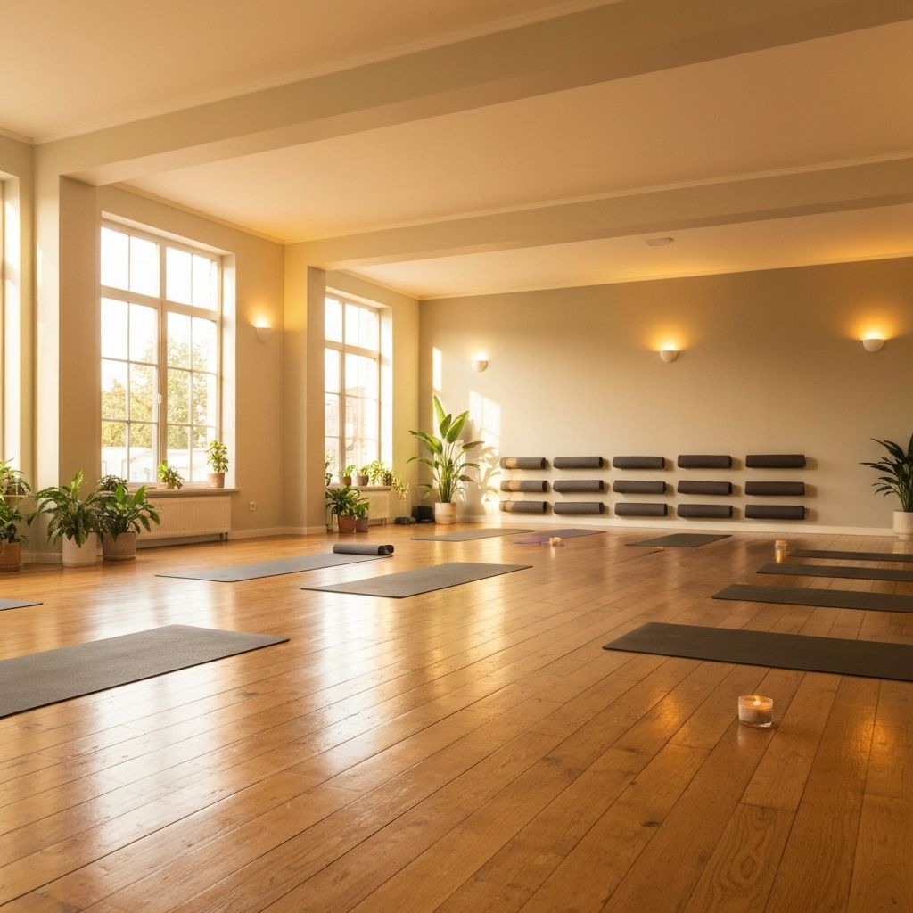 Peaceful yoga studio space with natural light